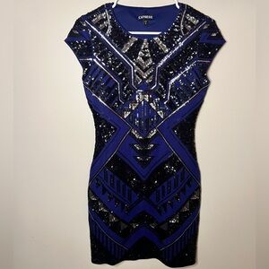 Express size small blue and black with silver sequin mini event dress zip up